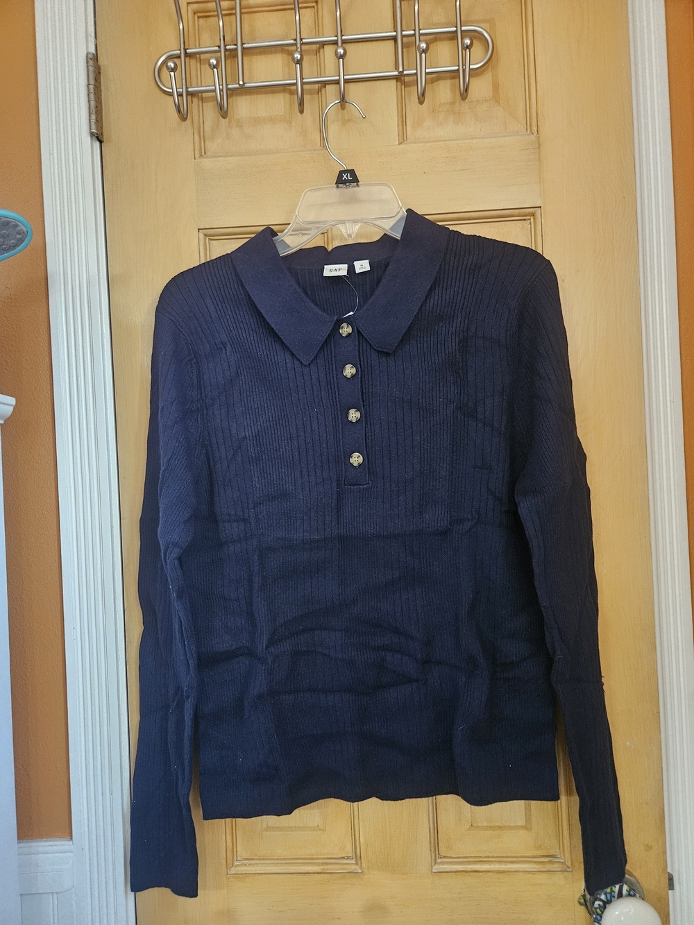 GAP Navy Ribbed V-Neck Polo Sweater with Button Placket